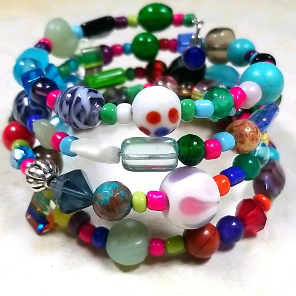 Hand Crafted Vintage Glass and Turquoise and Semi-precious Bead Wrap Bracelet - Picture 11 of 16